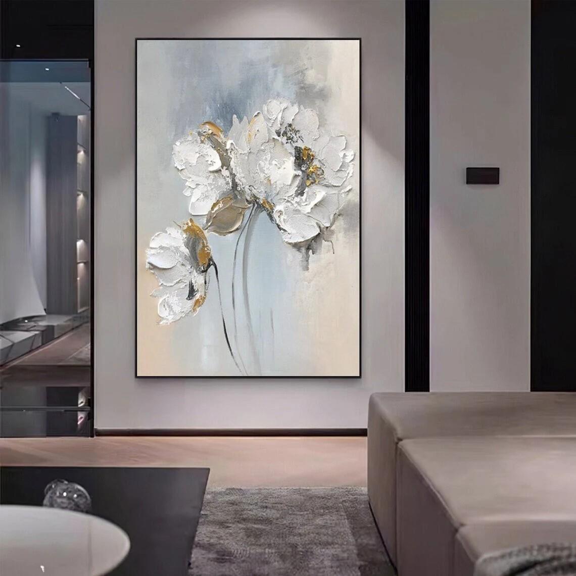 White Floral by Palette Knife flower wall decor Oil Paintings